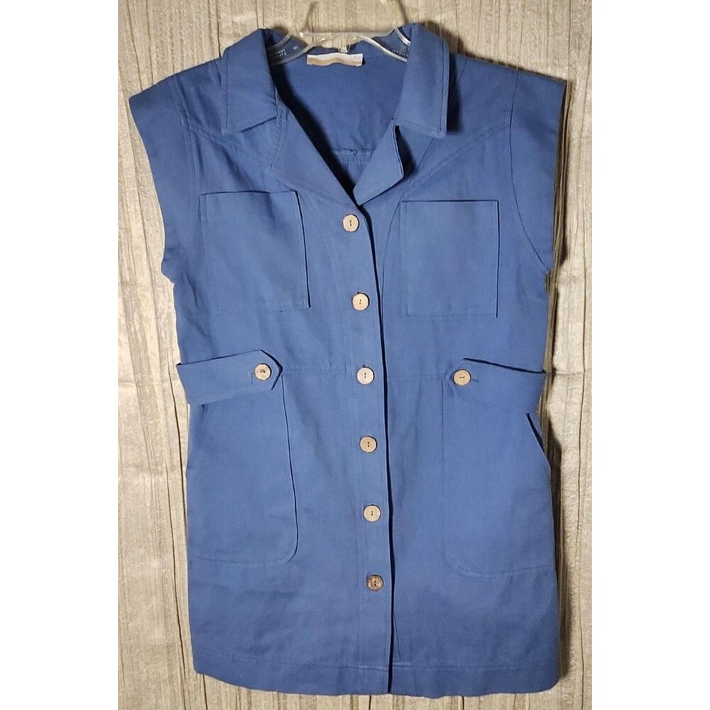 Blue Belted Waistcoat Vest 100% Cotton Button-Front Retro-Chic Utility Mod - S